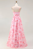 Pink Flower A-Line Spaghetti Straps Corset Long Bridesmaid Dress with Ruffles