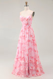 Pink Flower A-Line Spaghetti Straps Corset Long Bridesmaid Dress with Ruffles