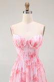 Pink Flower A-Line Spaghetti Straps Corset Long Bridesmaid Dress with Ruffles