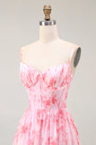 Pink Flower A-Line Spaghetti Straps Corset Long Bridesmaid Dress with Ruffles