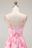 Pink Flower A-Line Spaghetti Straps Corset Long Bridesmaid Dress with Ruffles