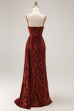 Burgundy Mermaid Corset Streamer Velvet Burnout Long Bridesmaid Dress with Slit