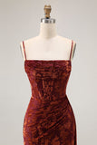 Burgundy Mermaid Corset Streamer Velvet Burnout Long Bridesmaid Dress with Slit