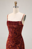 Burgundy Mermaid Corset Streamer Velvet Burnout Long Bridesmaid Dress with Slit