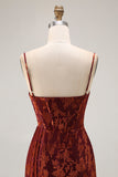 Burgundy Mermaid Corset Streamer Velvet Burnout Long Bridesmaid Dress with Slit