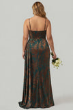 Dark Green Mermaid Corset Ruched Velvet Burnout Plus Size Long Bridesmaid Dress with Slit