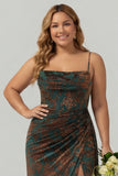 Dark Green Mermaid Corset Ruched Velvet Burnout Plus Size Long Bridesmaid Dress with Slit