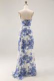 Blue Sheath Corset Floral Burnout Streamer Long Bridesmaid Dress with Slit