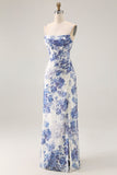 Blue Sheath Corset Floral Burnout Streamer Long Bridesmaid Dress with Slit