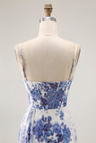 Blue Sheath Corset Floral Burnout Streamer Long Bridesmaid Dress with Slit