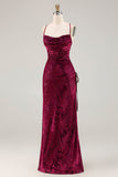 Dark Green Sheath Burnout Velvet Spaghetti Straps Maxi Dress with Lace Up Back