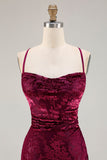Dark Green Sheath Burnout Velvet Spaghetti Straps Maxi Dress with Lace Up Back