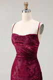 Dark Green Sheath Burnout Velvet Spaghetti Straps Maxi Dress with Lace Up Back
