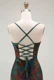 Dark Green Sheath Burnout Velvet Spaghetti Straps Maxi Dress with Lace Up Back