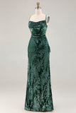Dark Green Sheath Burnout Velvet Spaghetti Straps Maxi Dress with Lace Up Back