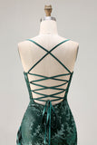 Dark Green Sheath Burnout Velvet Spaghetti Straps Maxi Dress with Lace Up Back