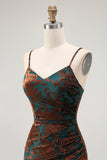 Dark Green Spaghetti Straps Sheath Velvet Burnout Maxi Dress with Slit