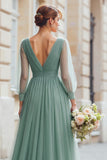 Eucalyptus A-Line V-Neck Pleated Long Bridesmaid Dress