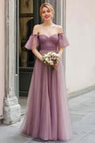 Elegant A-Line Vintage Mauve Off The Shoulder Pleated Bridesmaid Dress