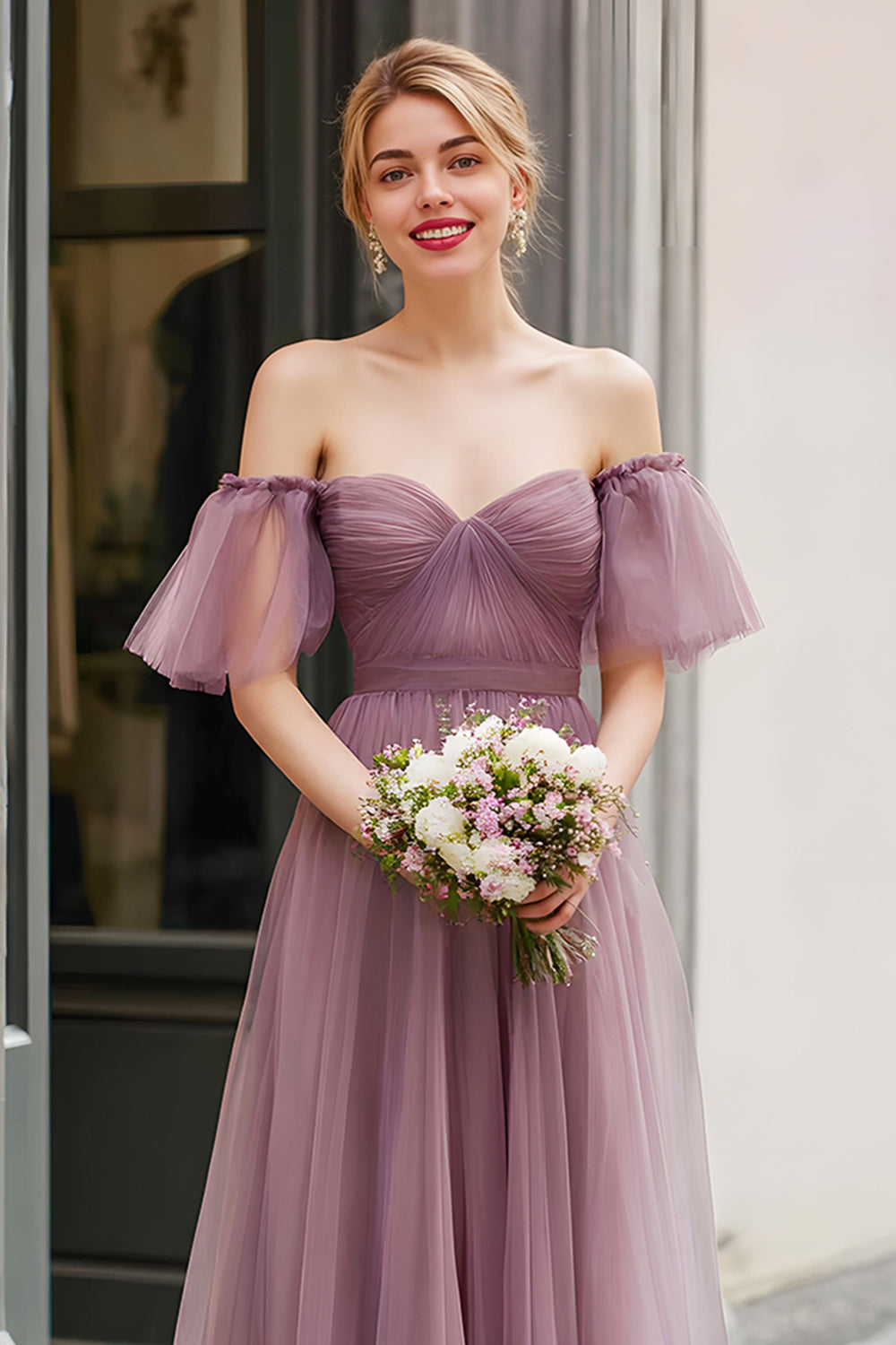 Elegant A-Line Vintage Mauve Off The Shoulder Pleated Bridesmaid Dress
