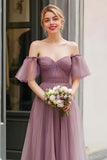 Elegant A-Line Vintage Mauve Off The Shoulder Pleated Bridesmaid Dress