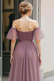 Elegant A-Line Vintage Mauve Off The Shoulder Pleated Bridesmaid Dress
