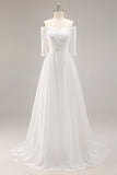 Off the Shoulder White Lace Applique A Line Wedding Dress with Half Sleeves