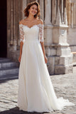 Off the Shoulder White Lace Applique A Line Wedding Dress with Half Sleeves