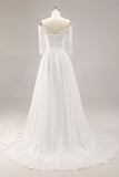 Off the Shoulder White Lace Applique A Line Wedding Dress with Half Sleeves