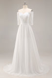 Off the Shoulder White Lace Applique A Line Wedding Dress with Half Sleeves