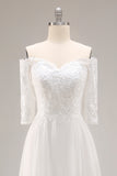 Off the Shoulder White Lace Applique A Line Wedding Dress with Half Sleeves