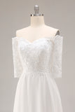 Off the Shoulder White Lace Applique A Line Wedding Dress with Half Sleeves