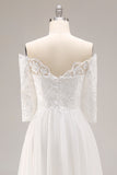 Off the Shoulder White Lace Applique A Line Wedding Dress with Half Sleeves