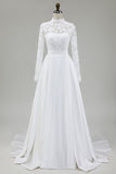 Ivory A-Line High Neck Lace Long Wedding Dress