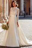 Ivory A-Line High Neck Modest Wedding Dress With Lace
