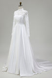Ivory A-Line High Neck Lace Long Wedding Dress