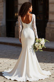Mermaid Square Neck White Long Sleeve Wedding Dress with Lace
