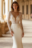 Ivory Mermaid Appliqued Long Sleeve Wedding Dress