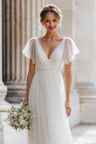 Ivory V-Neck A-Line Tulle Wedding Dress