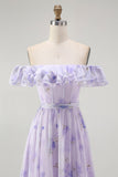 Lilac A-Line Off The Shoulder Ruffle Print Floral Long Bridesmaid Dress with Slit