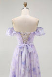 Lilac A-Line Off The Shoulder Ruffle Print Floral Long Bridesmaid Dress with Slit