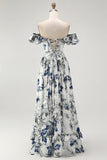 Blue Porcelain Off-Shoulder A-Line Ruffle Print Floral Long Bridesmaid Dress with Slit