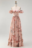 Blush Floral A-Line Off The Shoulder Ruffle Chiffon Long Bridesmaid Dress with Slit