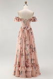 Blush Floral A-Line Off The Shoulder Ruffle Chiffon Long Bridesmaid Dress with Slit