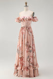 Blush Floral A-Line Off The Shoulder Ruffle Chiffon Long Bridesmaid Dress with Slit