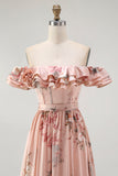Blush Floral A-Line Off The Shoulder Ruffle Chiffon Long Bridesmaid Dress with Slit