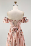 Blush Floral A-Line Off The Shoulder Ruffle Chiffon Long Bridesmaid Dress with Slit