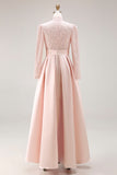 Candy Pink High Neck A Line Long Mother of the Bride Dress with Lace