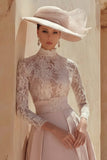Candy Pink A Line High Neck Long Mother of the Bride Dress with Lace