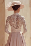 Candy Pink A Line High Neck Long Mother of the Bride Dress with Lace
